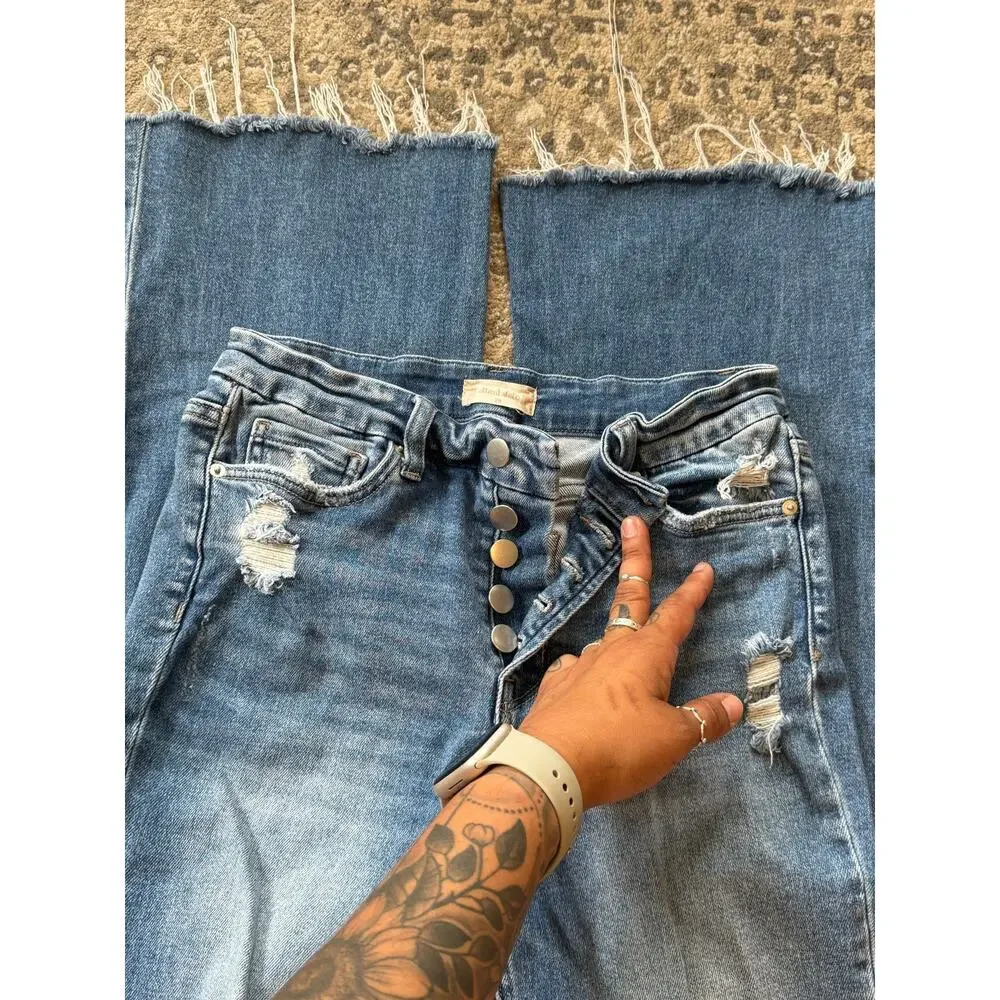 Altar’d State High Rise Distressed Flare Jeans Women 28 Raw Hem Button Fly Denim